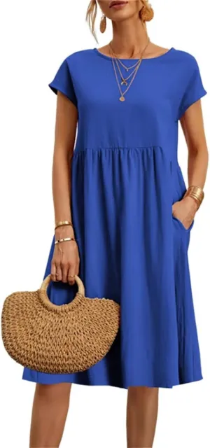 Cotton Dresses for Women Short Sleeve Crew Neck Solid Color A Line Casual Summer Midi Dresses with Pockets