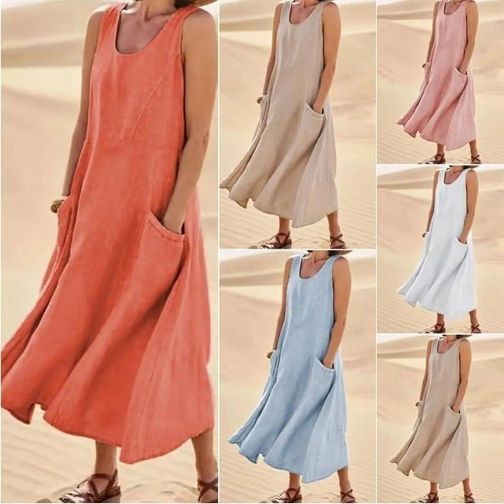 Cotton Linen Dresses for Women 2025, Women's Sleeveless Cotton and Linen Dress, Summer Sundress Plus Size
