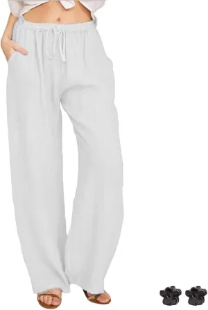 Cotton Linen Pants Women,Summer Wide Leg Casual Loose Drawstring High Waisted Trousers with Pockets S~3XL