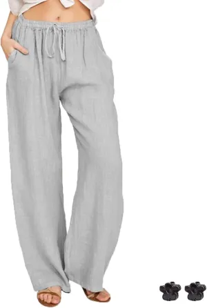Cotton Linen Pants Women,Summer Wide Leg Casual Loose Drawstring High Waisted Trousers with Pockets S~3XL