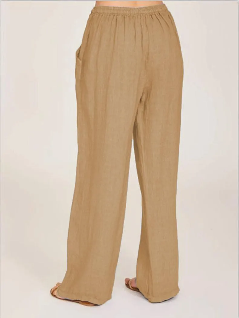 Cotton Linen Pants Women,Summer Wide Leg Casual Loose Drawstring High Waisted Trousers with Pockets S~3XL