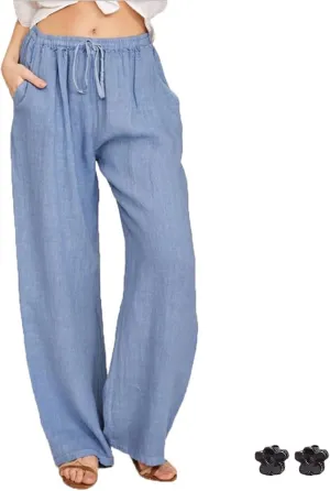 Cotton Linen Pants Women,Summer Wide Leg Casual Loose Drawstring High Waisted Trousers with Pockets S~3XL