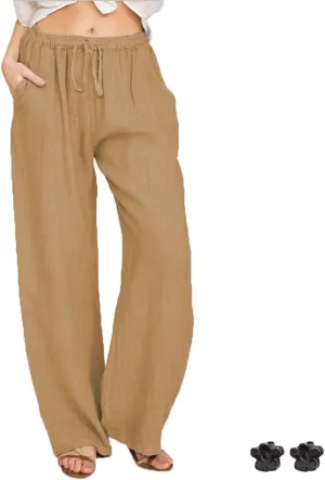 Cotton Linen Pants Women,Summer Wide Leg Casual Loose Drawstring High Waisted Trousers with Pockets S~3XL