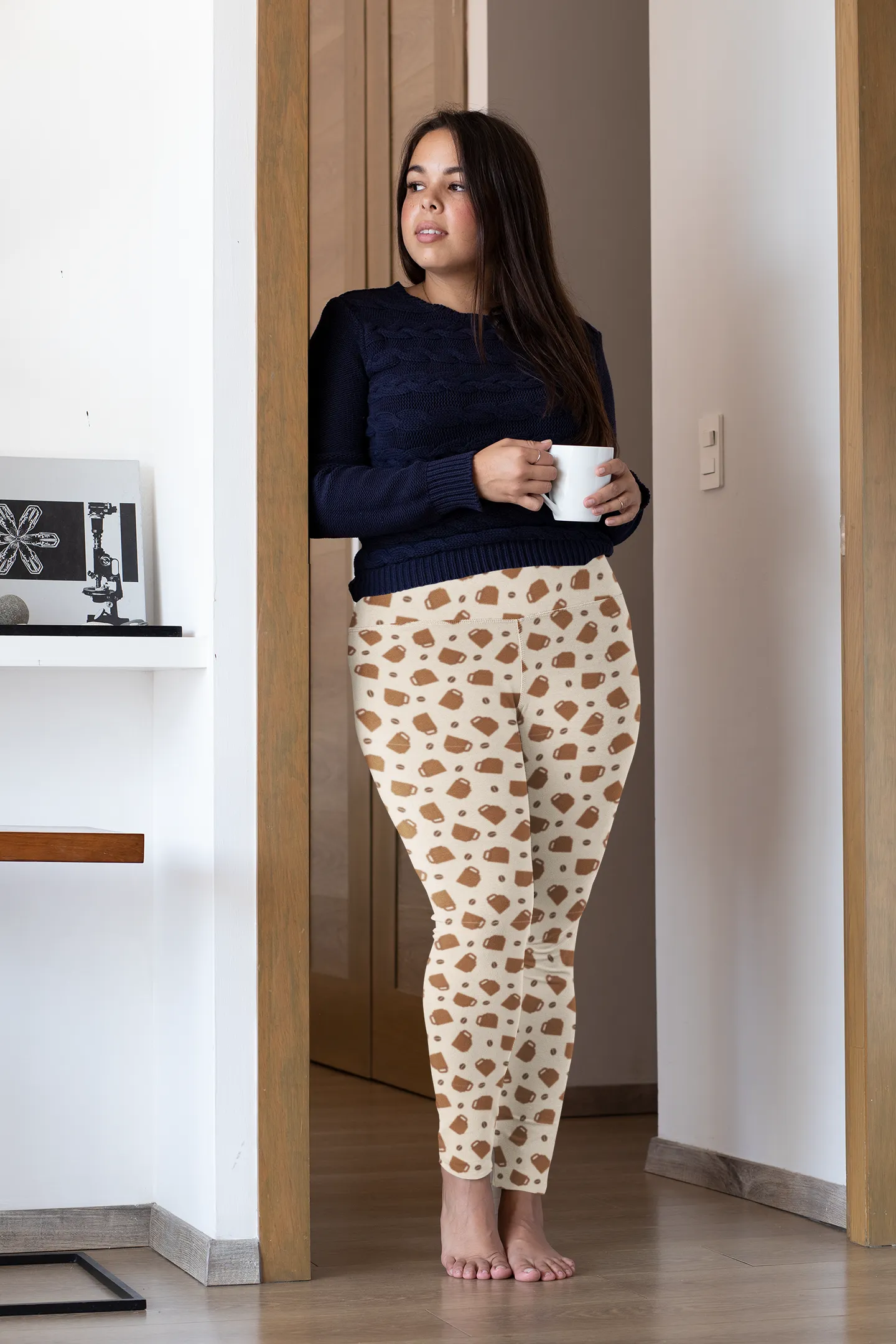 Cozy Coffee Cup Abstract Beige Leggings – Stylish Everyday Pants for Lounging, Yoga, or Running Errands | Soft, Comfy, and Perfect for Coffee Lovers Perfect Gift Idea for Her  Available in Plus Sizes