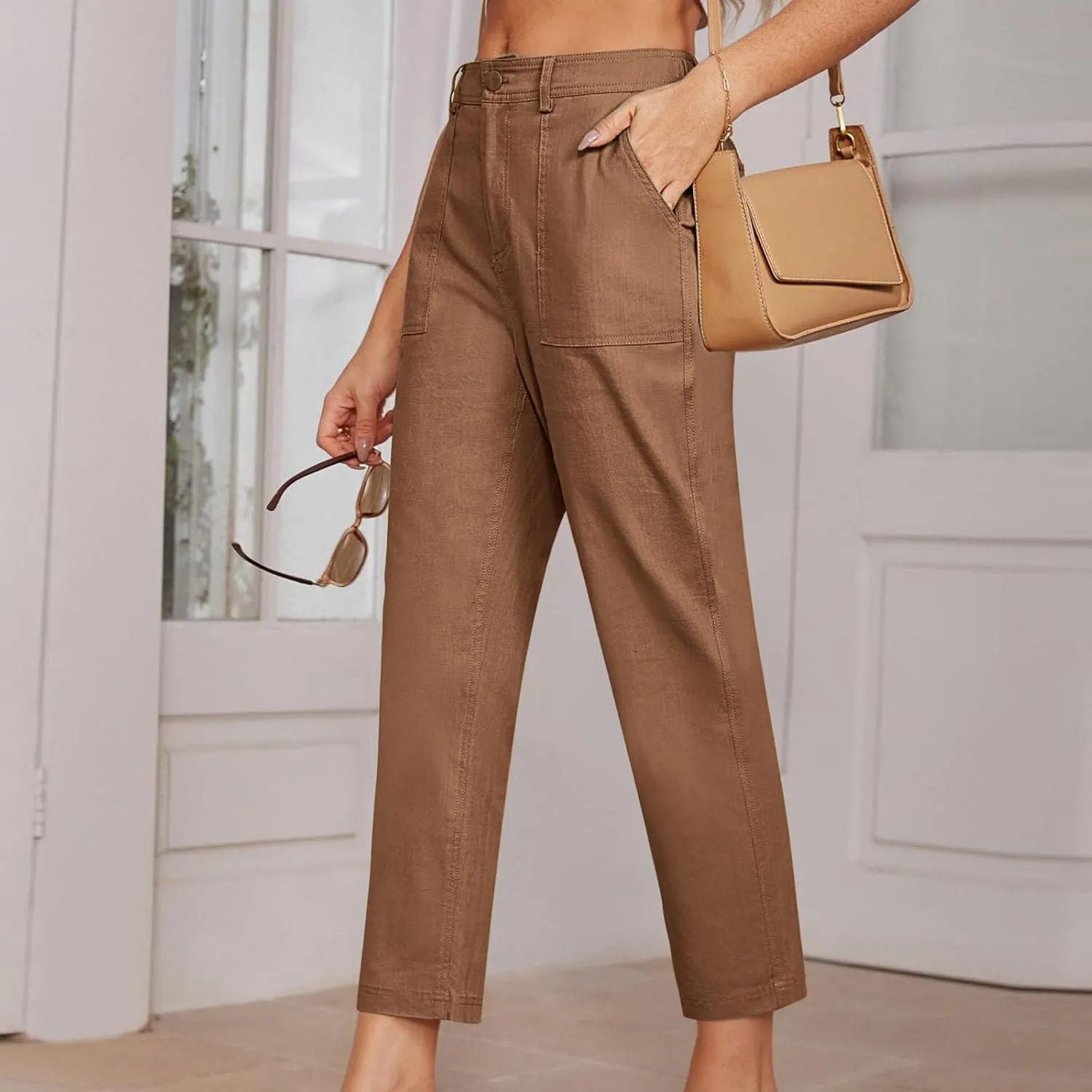 Cropped Dress Pants for Women Business Casual High Waist Ankle Work Pants Straight Leg Capri Trousers with Pockets