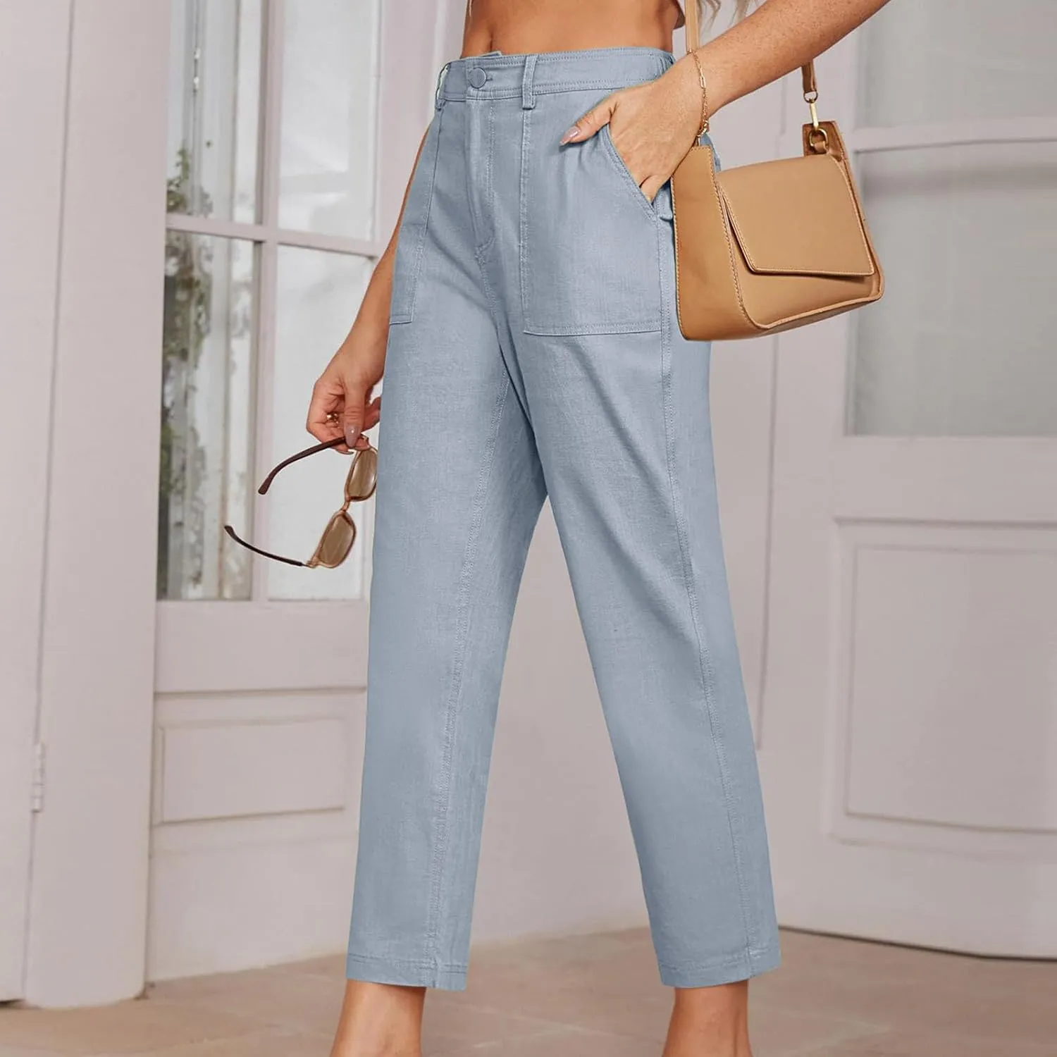 Cropped Dress Pants for Women Business Casual High Waist Ankle Work Pants Straight Leg Capri Trousers with Pockets