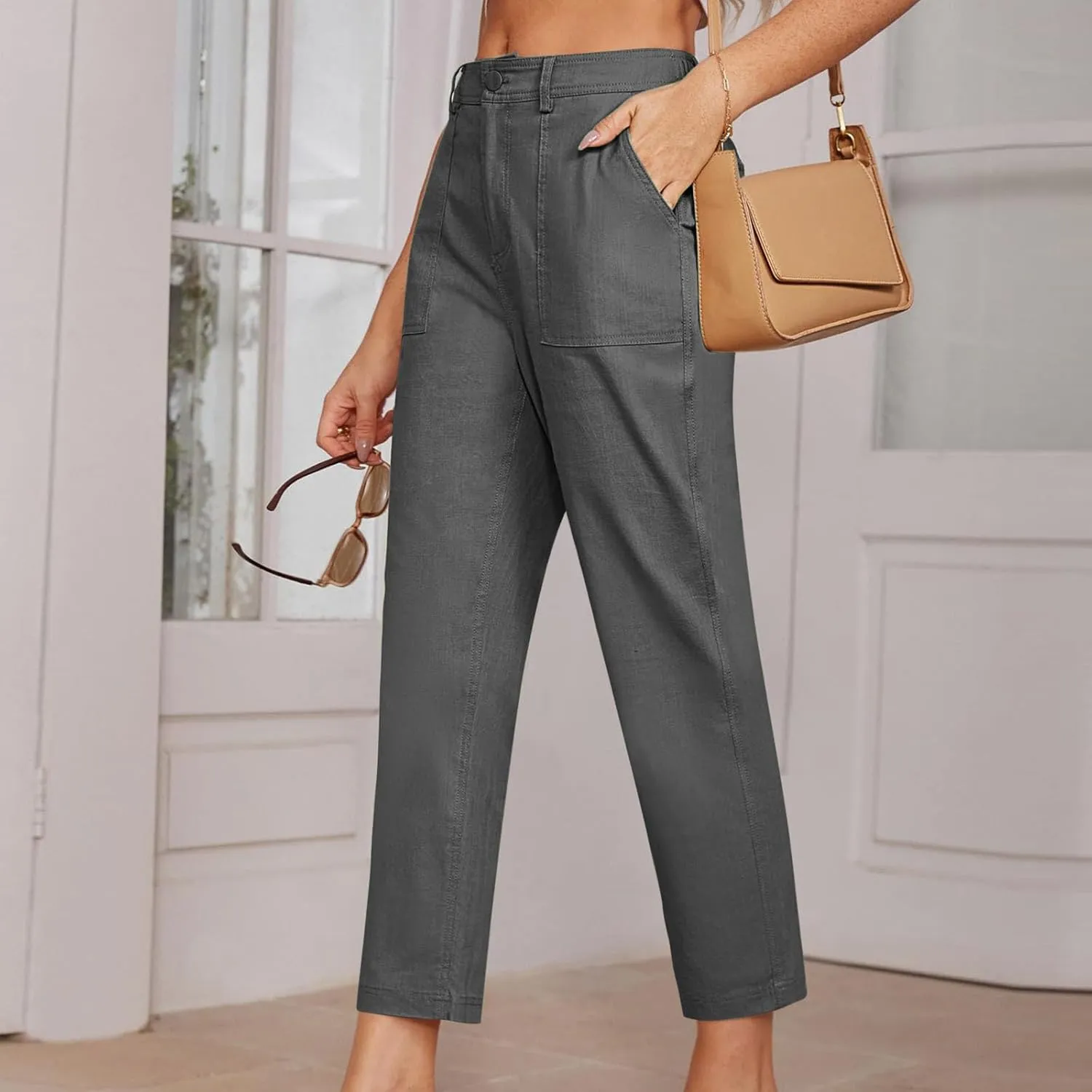 Cropped Dress Pants for Women Business Casual High Waist Ankle Work Pants Straight Leg Capri Trousers with Pockets