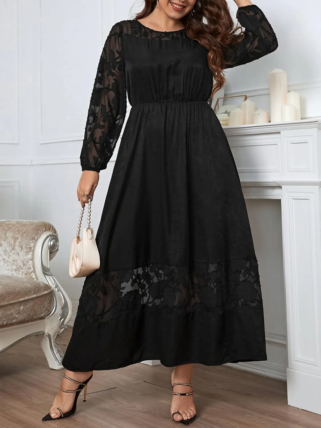 CUPSHE Womens Plus Size Dress 2024 Long Sleeve Maxi Dress Floral Elegant Long Dresses