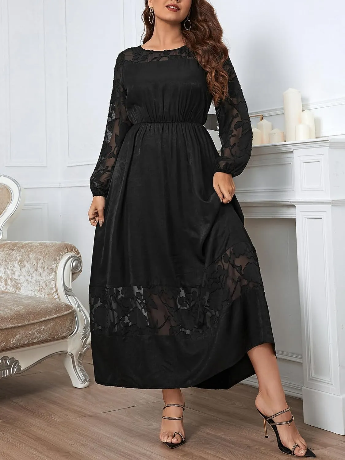 CUPSHE Womens Plus Size Dress 2024 Long Sleeve Maxi Dress Floral Elegant Long Dresses