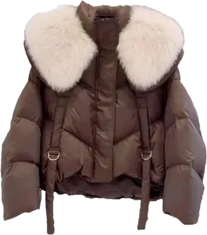 Dcvmvmn Women's Casual Thick Warm Short Puffer Parkas Coat with Hood and Pile Collar Cotton-Padded Parka Brown Gray