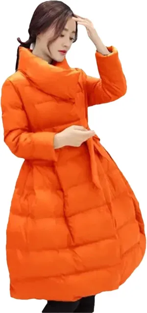 Dcvmvmn Women's Down Parkas Coat Winter Mid Length Cotton Jacket Fluffy Warm Cotton Padded Outerwear Orange