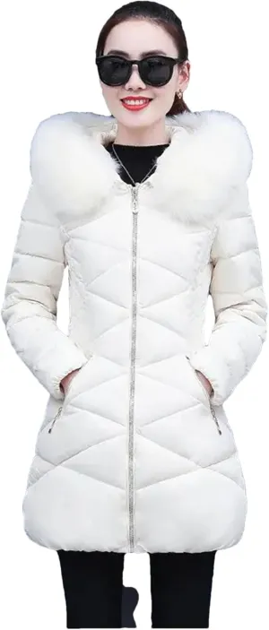Dcvmvmn Women's Hooded Cotton Parkas Coat Thick Cotton Padded Jacket Long Down Parka Overwear White