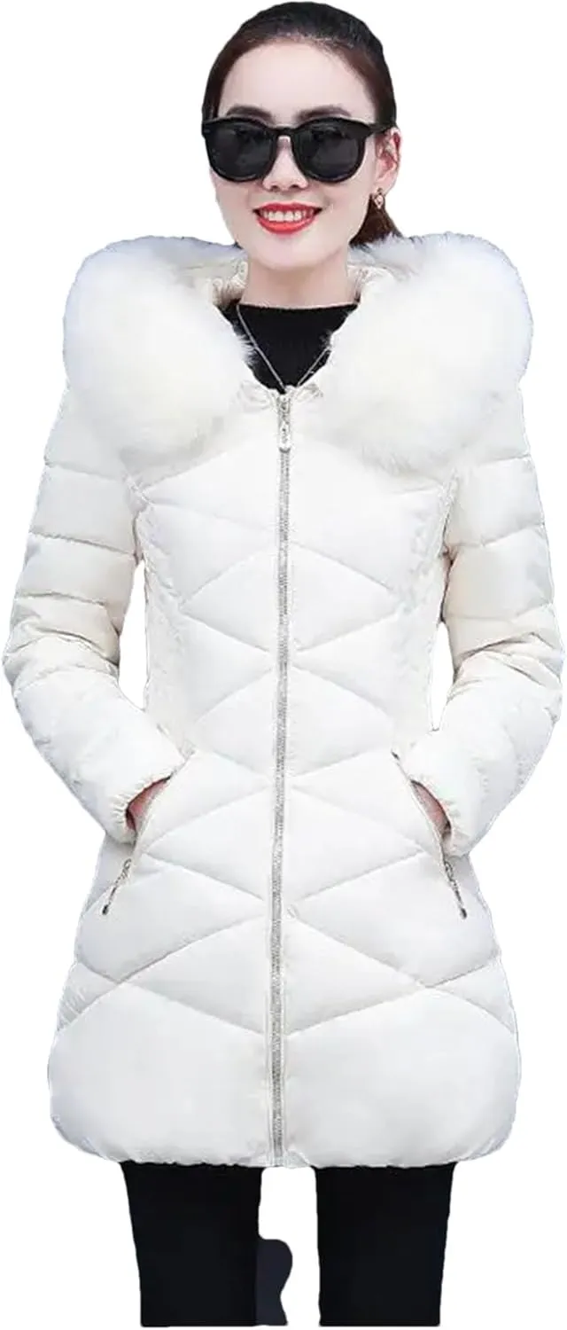 Dcvmvmn Women's Hooded Cotton Parkas Coat Thick Cotton Padded Jacket Long Down Parka Overwear White