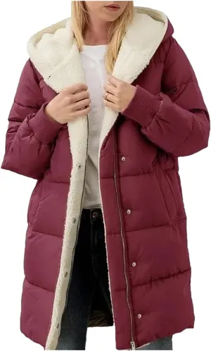 Dcvmvmn Women's Mid-Length Down Jacket Double-Sided Long-Sleeved Hooded Cotton-Padded Coats Slim-Fit Parkas Burgundy