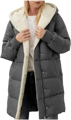 Dcvmvmn Women's Mid-Length Down Jacket Double-Sided Long-Sleeved Hooded Cotton-Padded Coats Slim-Fit Parkas Dark Gray