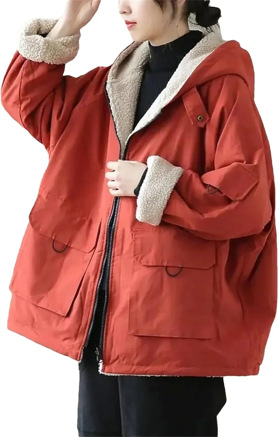 Dcvmvmn Women's Winter Loose Hooded Coat Female Casual Thicken Long Outwear Cotton-Padded Jacket Orange