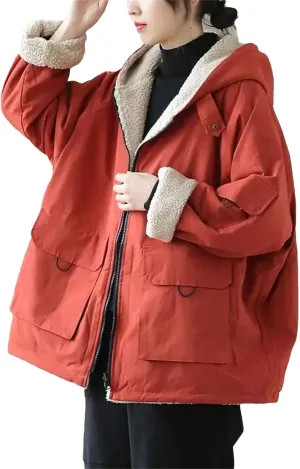 Dcvmvmn Women's Winter Loose Hooded Coat Female Casual Thicken Long Outwear Cotton-Padded Jacket Orange