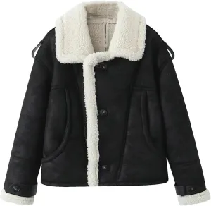 Dcvmvmn Women's Winter Thick Suede Coat Faux Lambskin Jacket Female Short Cotton Padded Overcoat Black