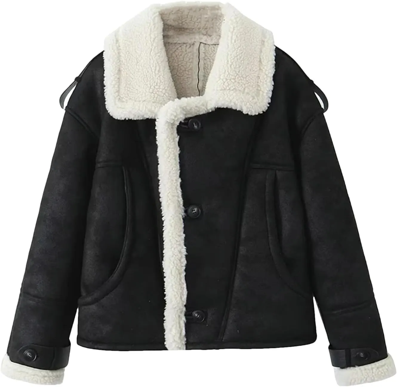 Dcvmvmn Women's Winter Thick Suede Coat Faux Lambskin Jacket Female Short Cotton Padded Overcoat Black