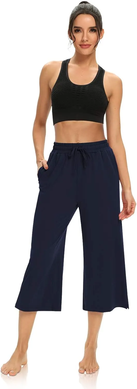 DIBAOLONG Womens Capri Pants Loose Yoga Pants Wide Leg Drawstring Comfy Lounge Pajama Capris Sweatpants with Pockets