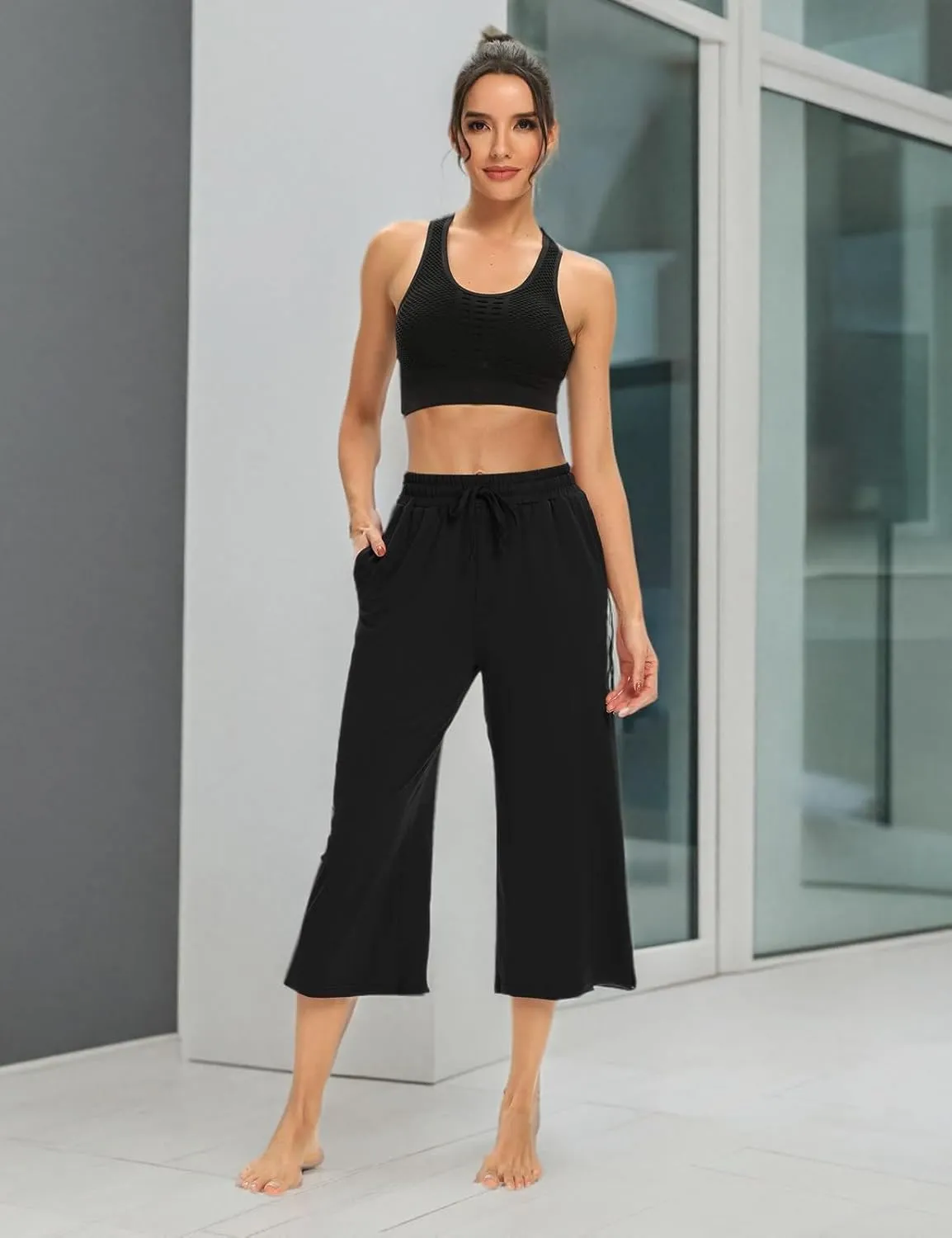 DIBAOLONG Womens Capri Pants Loose Yoga Pants Wide Leg Drawstring Comfy Lounge Pajama Capris Sweatpants with Pockets