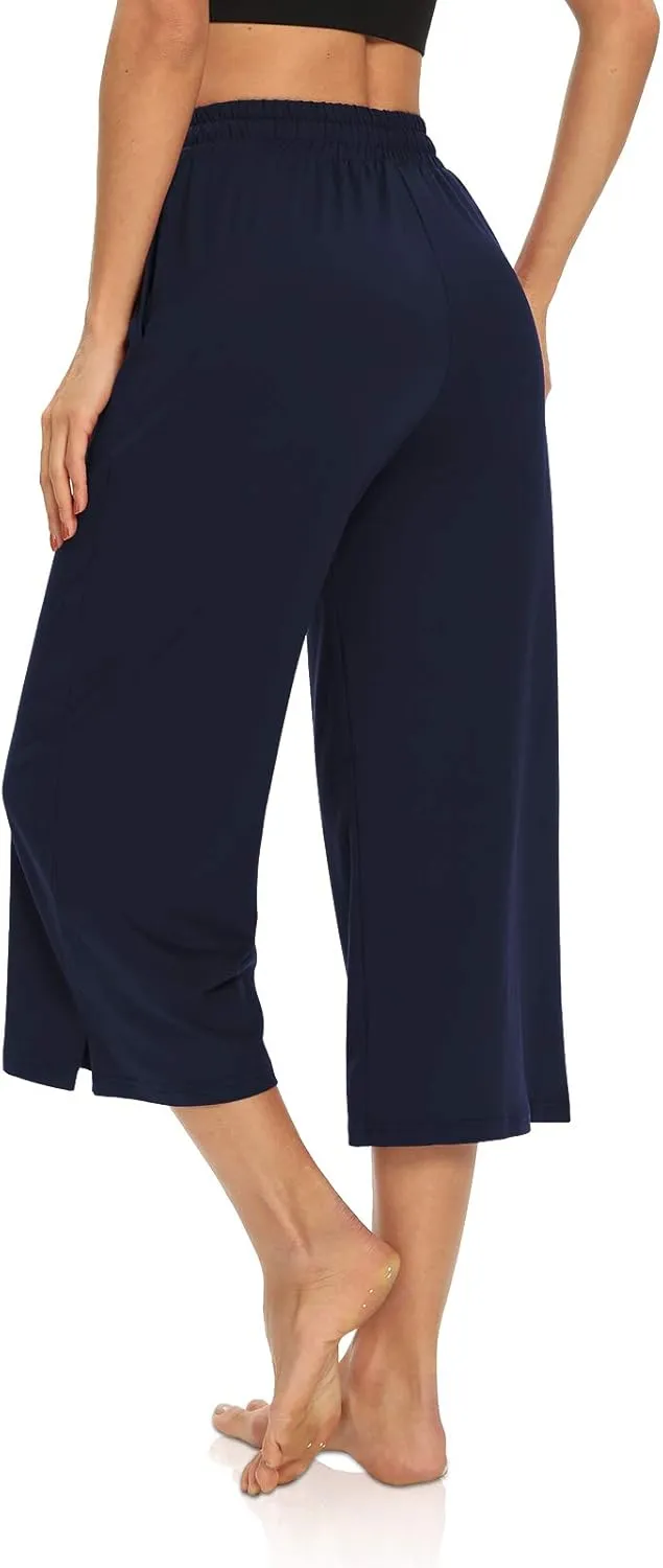 DIBAOLONG Womens Capri Pants Loose Yoga Pants Wide Leg Drawstring Comfy Lounge Pajama Capris Sweatpants with Pockets