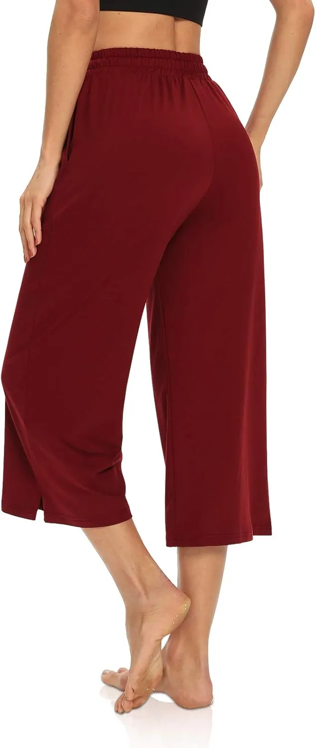 DIBAOLONG Womens Capri Pants Loose Yoga Pants Wide Leg Drawstring Comfy Lounge Pajama Capris Sweatpants with Pockets
