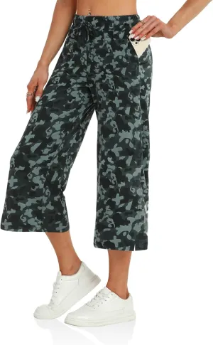 DIBAOLONG Womens Capri Pants Loose Yoga Pants Wide Leg Drawstring Comfy Lounge Pajama Capris Sweatpants with Pockets