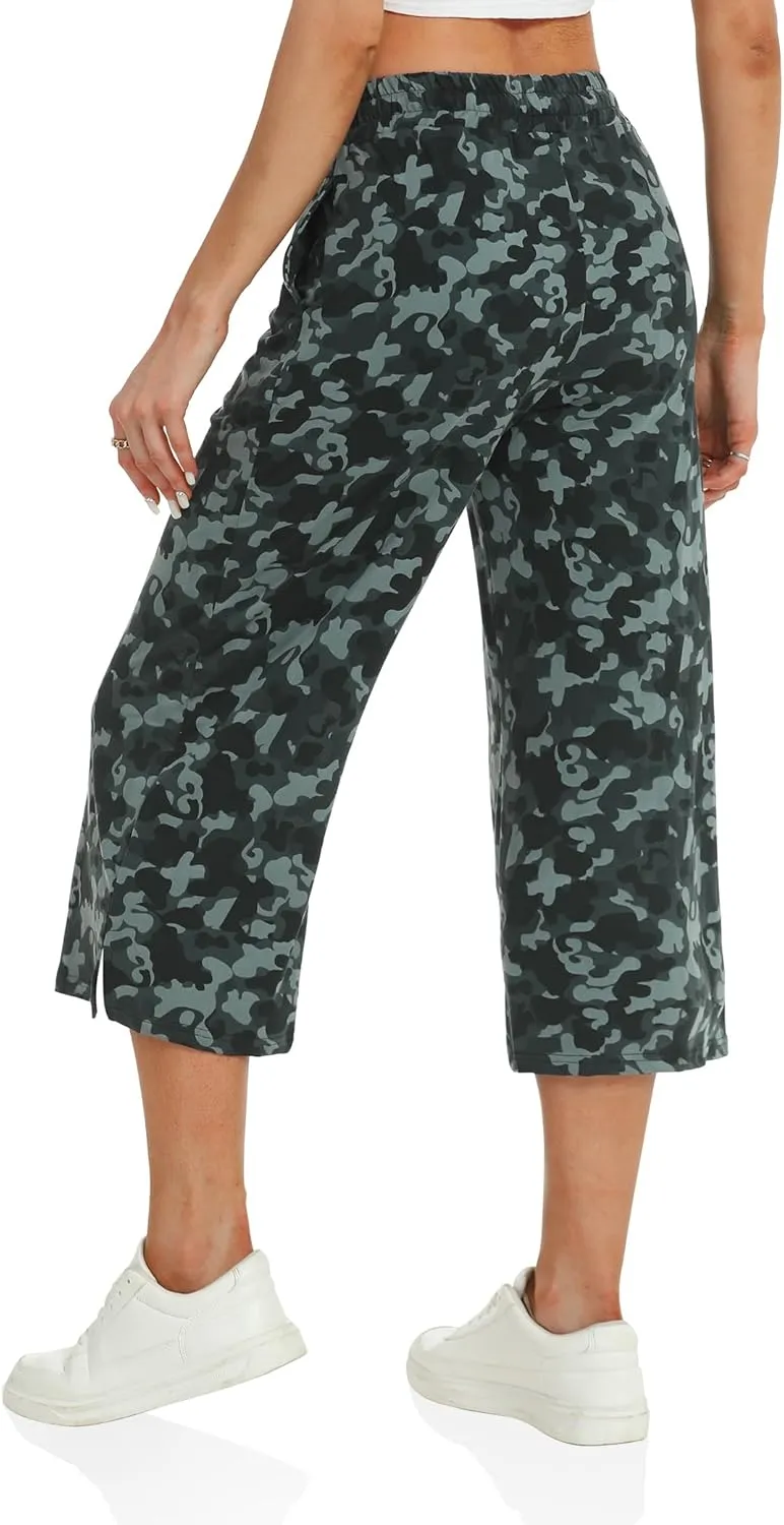 DIBAOLONG Womens Capri Pants Loose Yoga Pants Wide Leg Drawstring Comfy Lounge Pajama Capris Sweatpants with Pockets