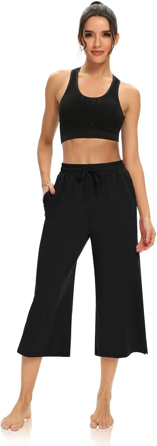 DIBAOLONG Womens Capri Pants Loose Yoga Pants Wide Leg Drawstring Comfy Lounge Pajama Capris Sweatpants with Pockets