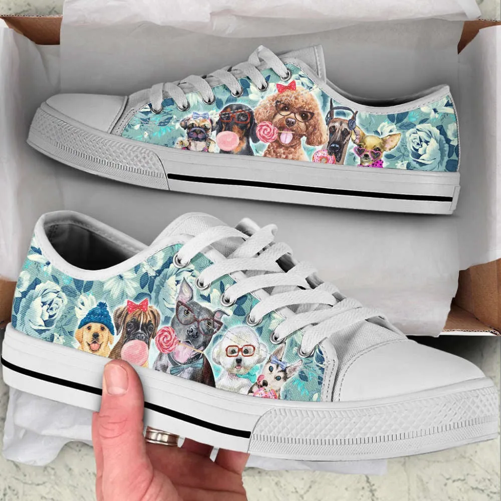 Dog Flowers Pattern Low Top Shoes Canvas Sneakers Casual Shoes, Dog Printed Shoes, Canvas Shoes For Men, Women
