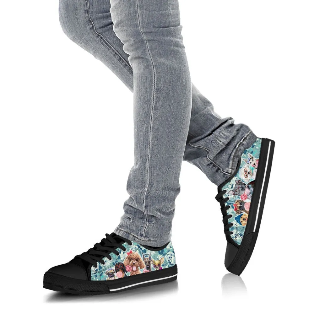 Dog Flowers Pattern Low Top Shoes Canvas Sneakers Casual Shoes, Dog Printed Shoes, Canvas Shoes For Men, Women