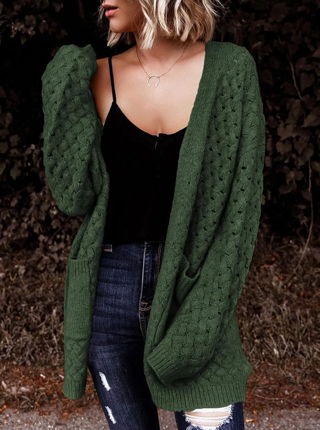 Dokotoo Women's 2024 Fashion Casual Open Front Long Sleeve Chunky Cable Knit Cardigans Sweaters Outerwear Coats with Pockets