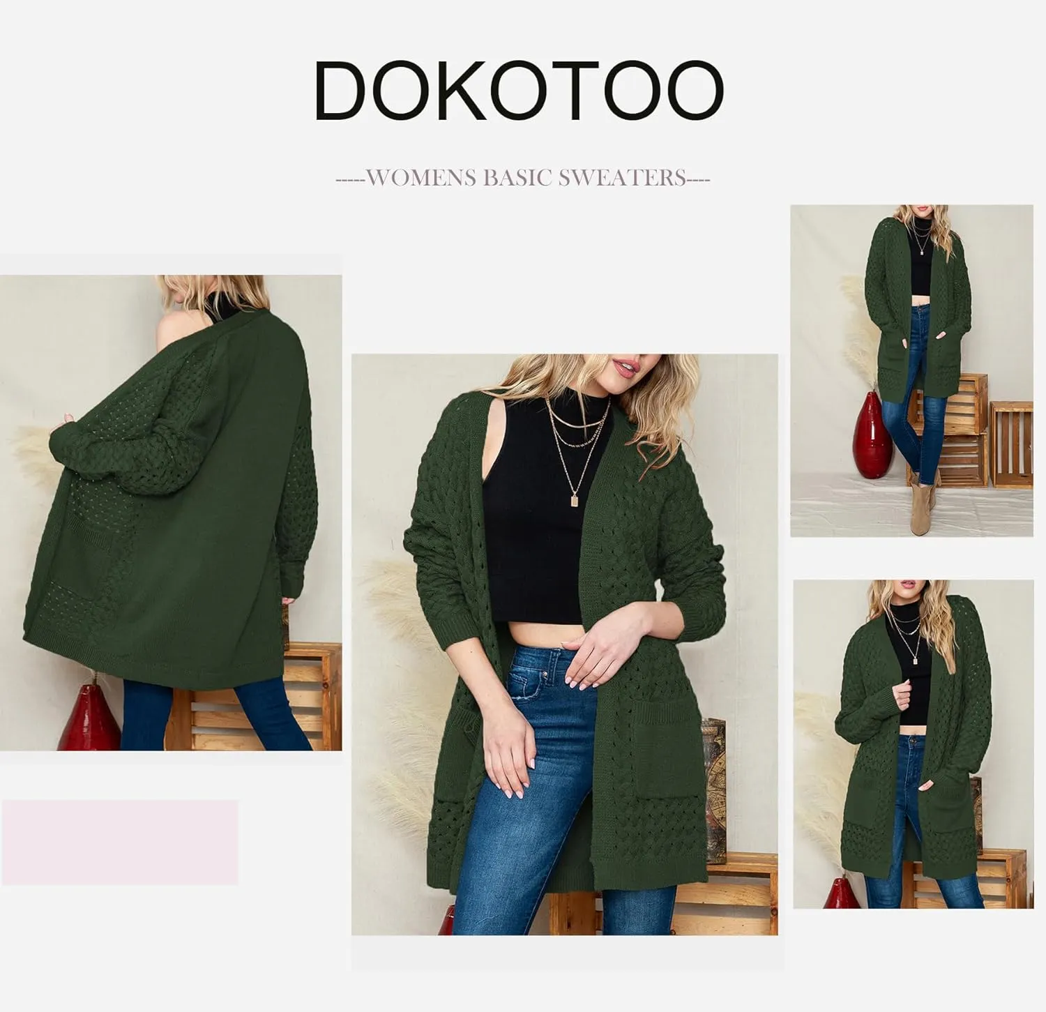 Dokotoo Women's 2024 Fashion Casual Open Front Long Sleeve Chunky Cable Knit Cardigans Sweaters Outerwear Coats with Pockets