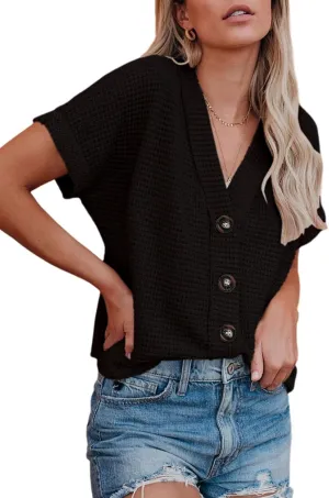 Dokotoo Womens Summer Tops 2025 Waffle Knit Button Down Shirts Casual V Neck Short Sleeve Shacket Jacket Dressy Blouses