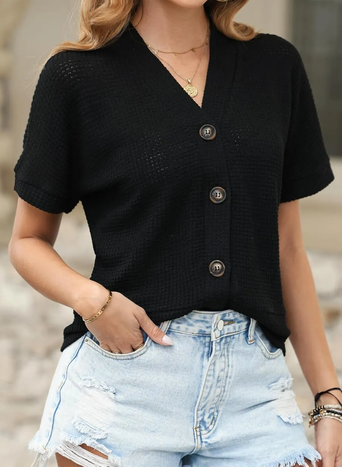 Dokotoo Womens Summer Tops 2025 Waffle Knit Button Down Shirts Casual V Neck Short Sleeve Shacket Jacket Dressy Blouses