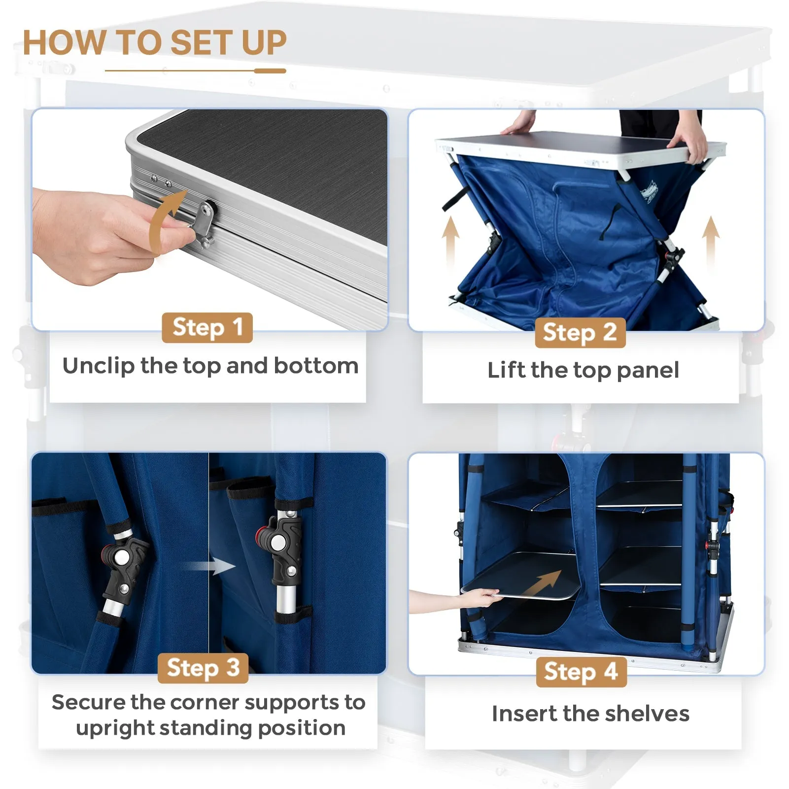 Double Camping Folding Table with Storage Organizer and Side Pockets
