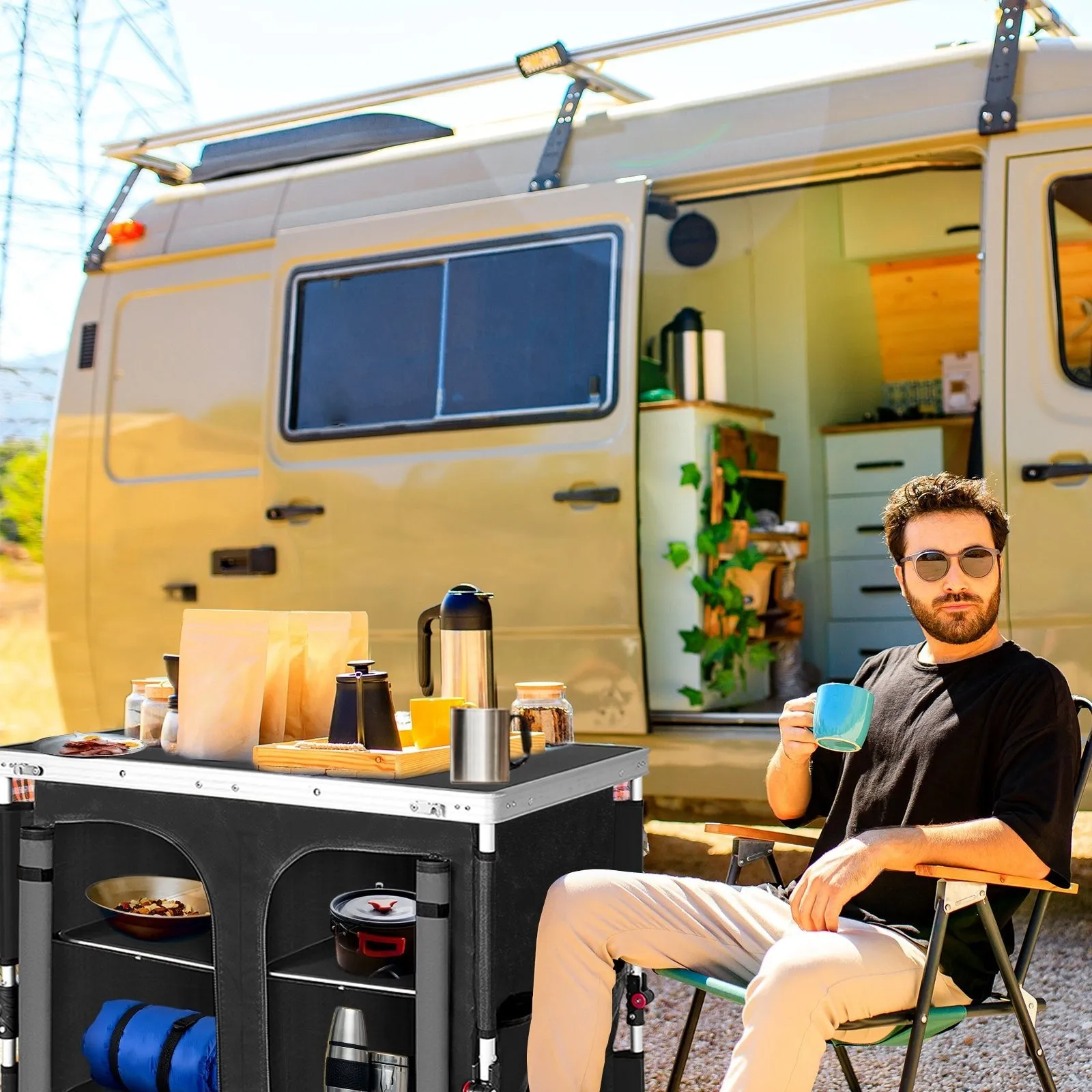Double Camping Folding Table with Storage Organizer and Side Pockets