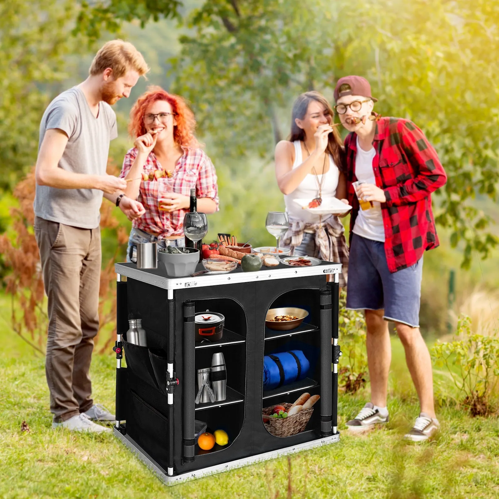Double Camping Folding Table with Storage Organizer and Side Pockets
