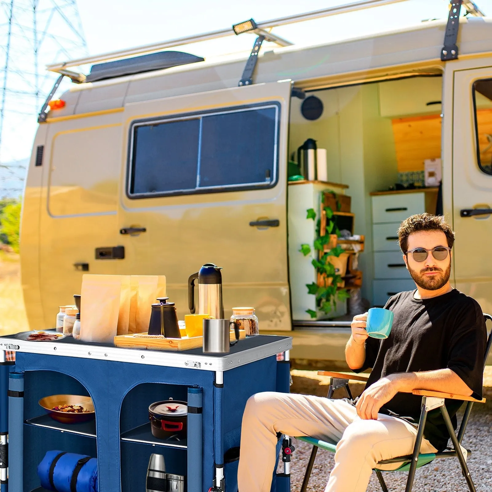 Double Camping Folding Table with Storage Organizer and Side Pockets