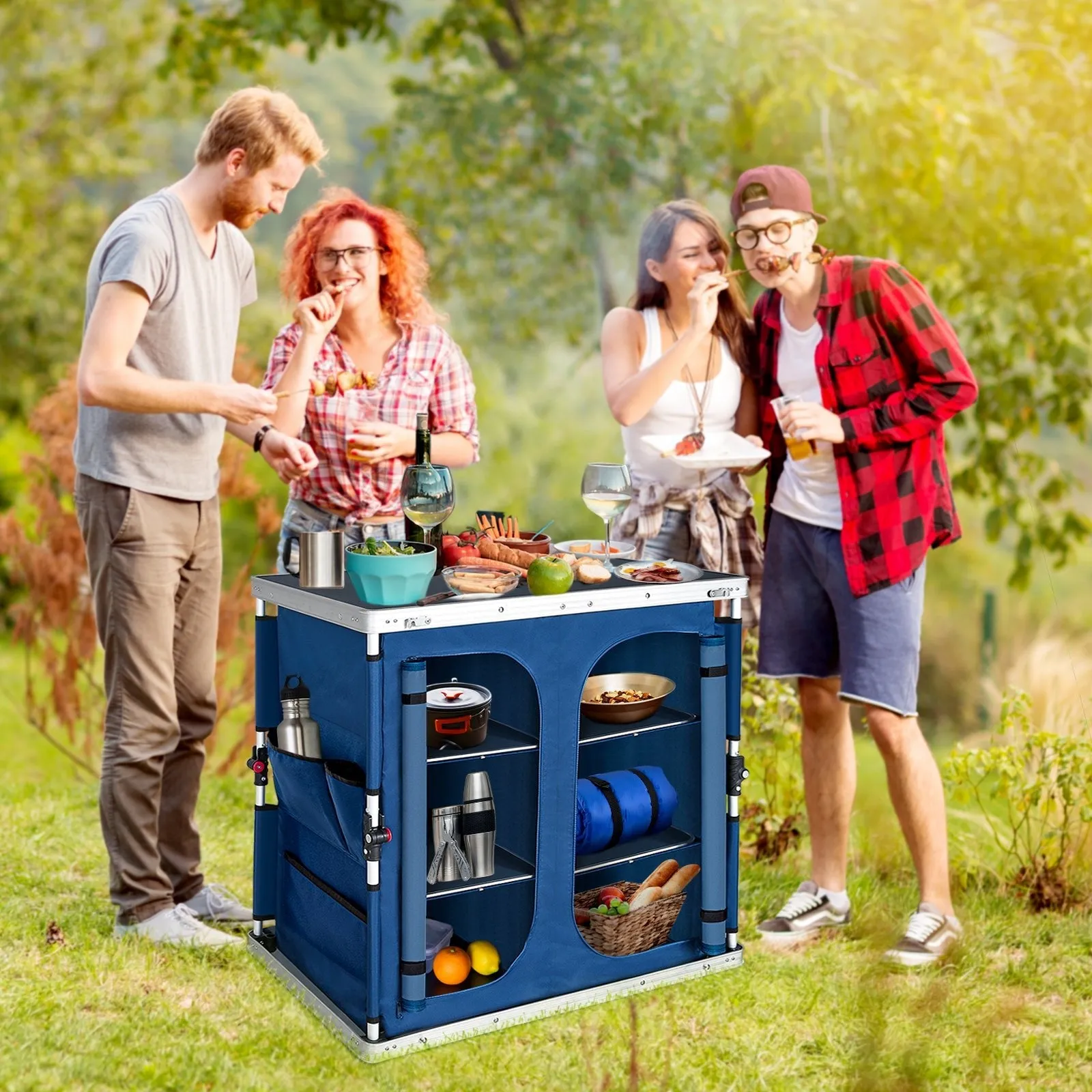 Double Camping Folding Table with Storage Organizer and Side Pockets