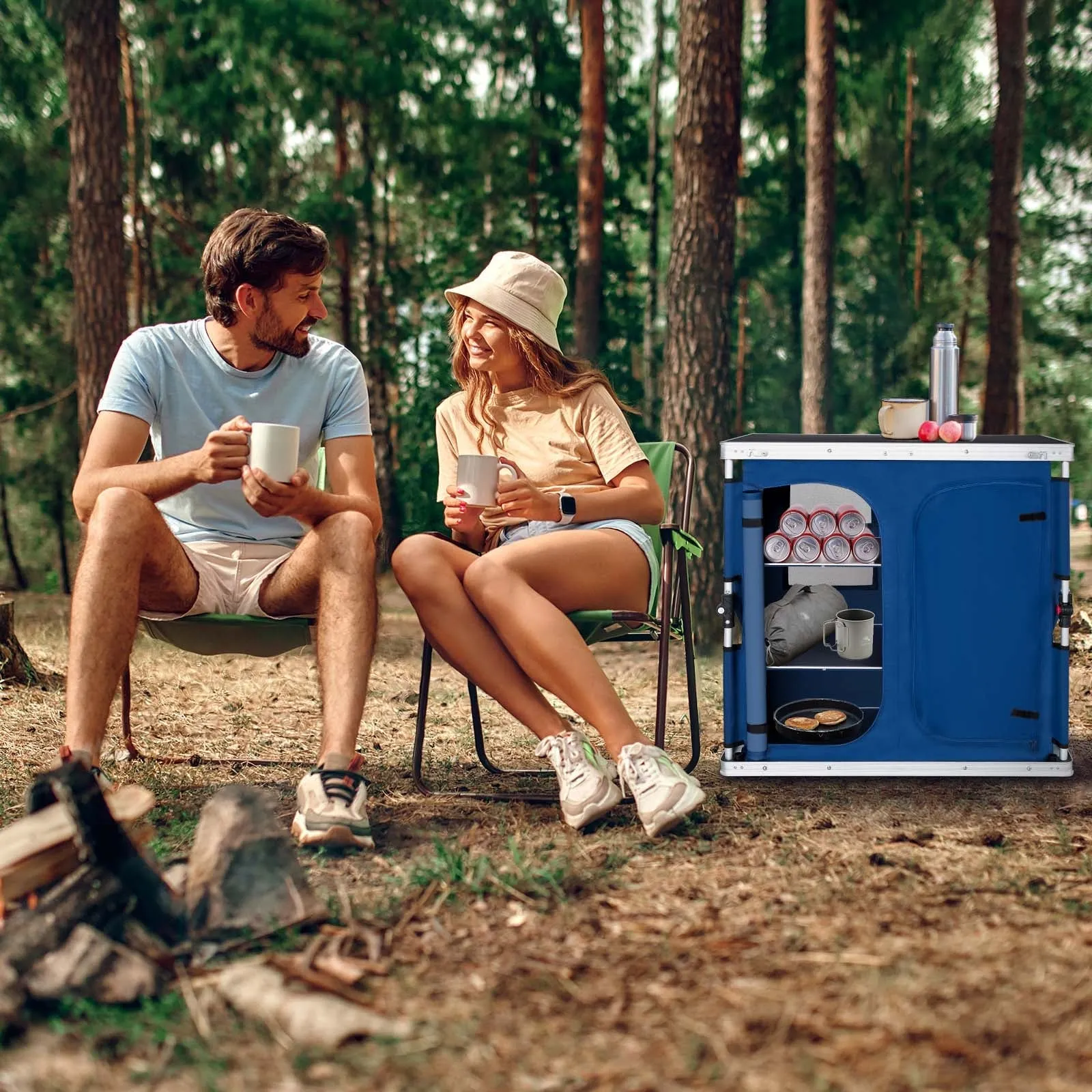 Double Camping Folding Table with Storage Organizer and Side Pockets