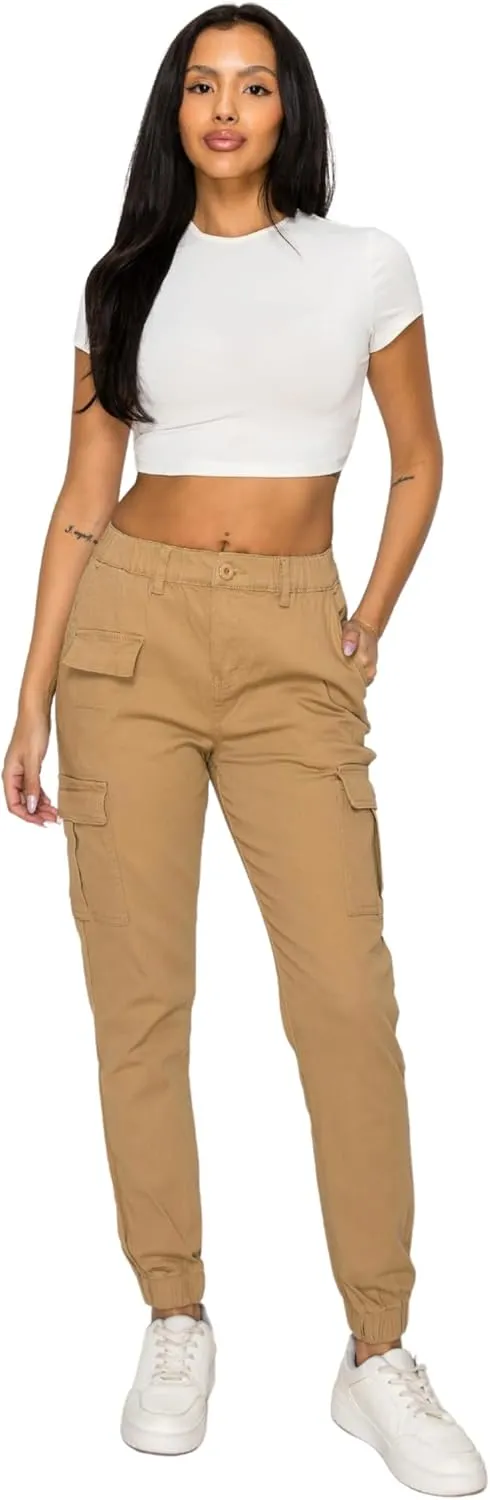 Double Denim January 5th Women's High Waist Cargo Jogger Pants Elastic Waistband Casual Tapered Sweatpants with 6 Pockets