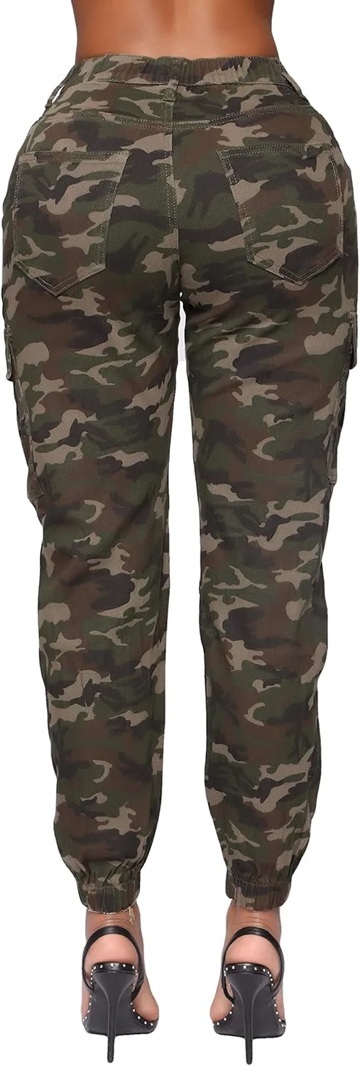 Double Denim January 5th Women's High Waist Cargo Jogger Pants Elastic Waistband Casual Tapered Sweatpants with 6 Pockets