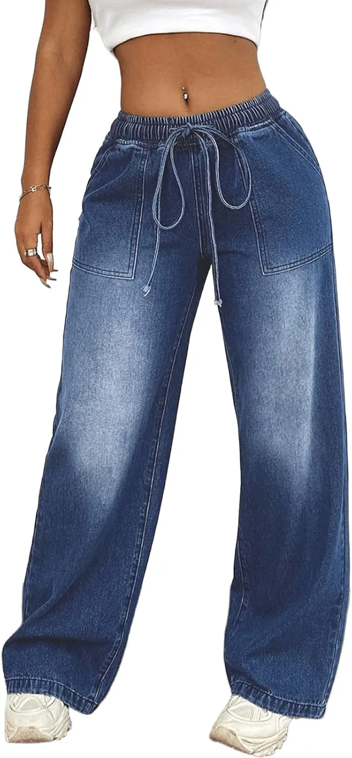 Drawstring Wide Leg Jeans for Women High Elastic Waist Baggy Straight Leg Jeans Pull On Denim Sweatpants Trousers