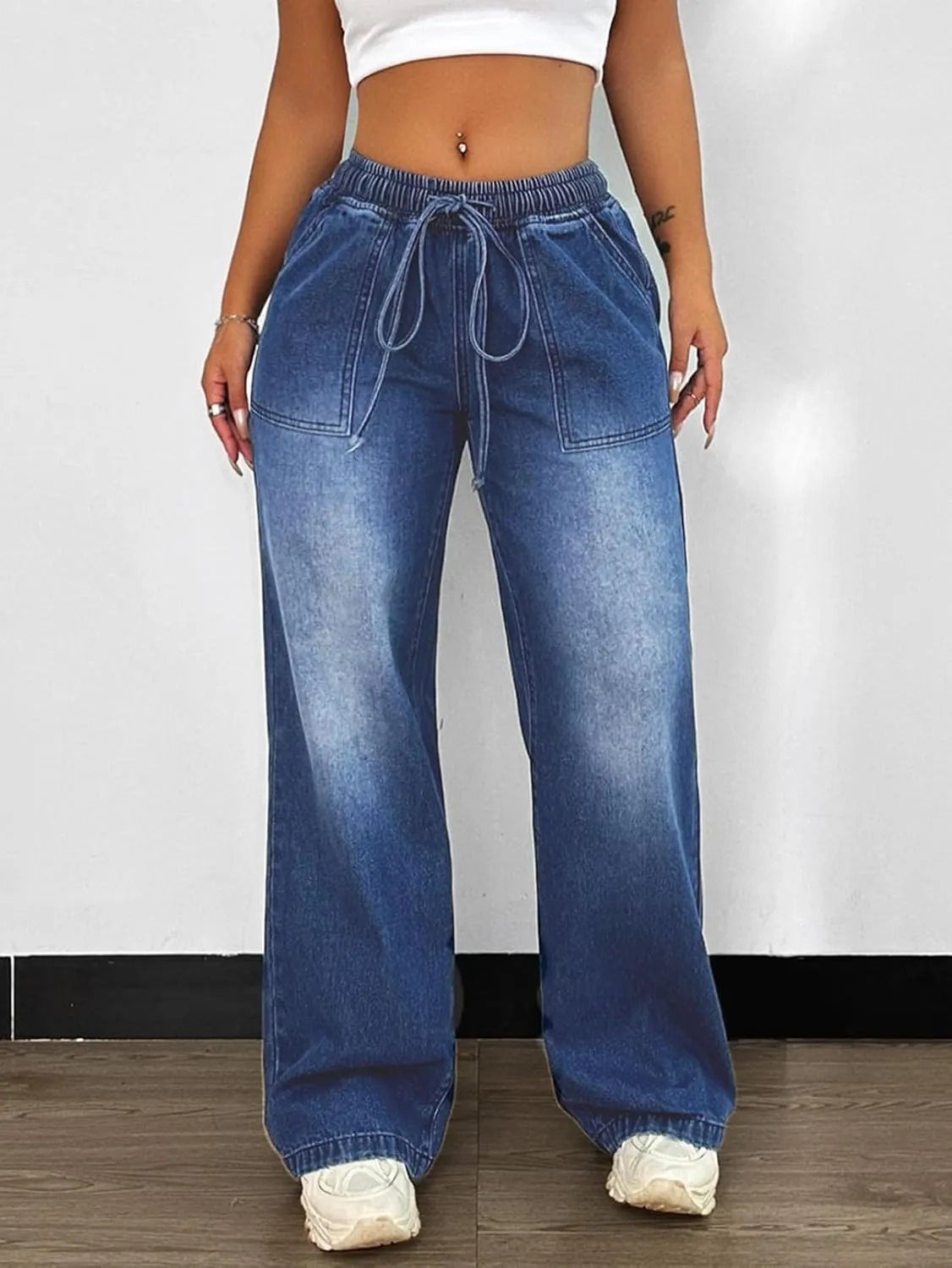 Drawstring Wide Leg Jeans for Women High Elastic Waist Baggy Straight Leg Jeans Pull On Denim Sweatpants Trousers