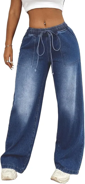 Drawstring Wide Leg Jeans for Women High Elastic Waist Baggy Straight Leg Jeans Pull On Denim Sweatpants Trousers