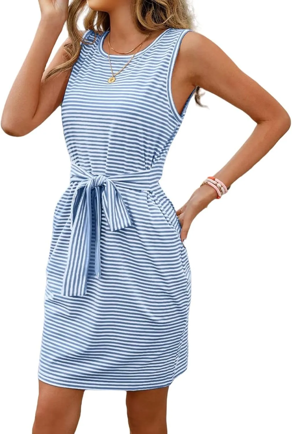 Dress for Women Summer Sleeveless Striped T Shirt Dress Elegant Crewneck Tie Waist Mini Dresses Comfy Slim Fit Dresses