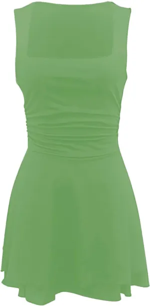 Dresses for Women Sexy Low Cut Square Neck Sleeveless Ruched Waist Ruffle Tiered Layered Flowy A Line Short Mini Dress