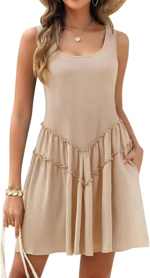 Dresses for Women Sleeveless U Neck Ruffle Dress Flowy Swing Dress High Waist Sundress Summer Beach Vacation Dresses
